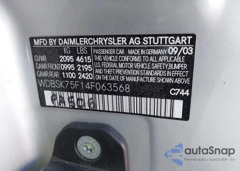 2004 Mercedes-Benz Sl 500 z USA, uszkodzony, nr VIN WDBSK75F14F063568